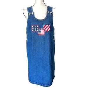 Sunshine Apparel Denim Jumper Dress Womens M Blue Patriotic Sleeveless Vintage